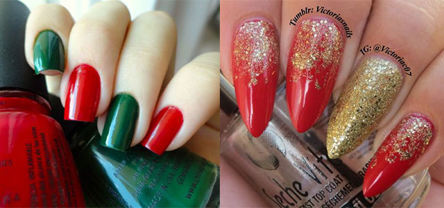 green red and gold christmas nail art